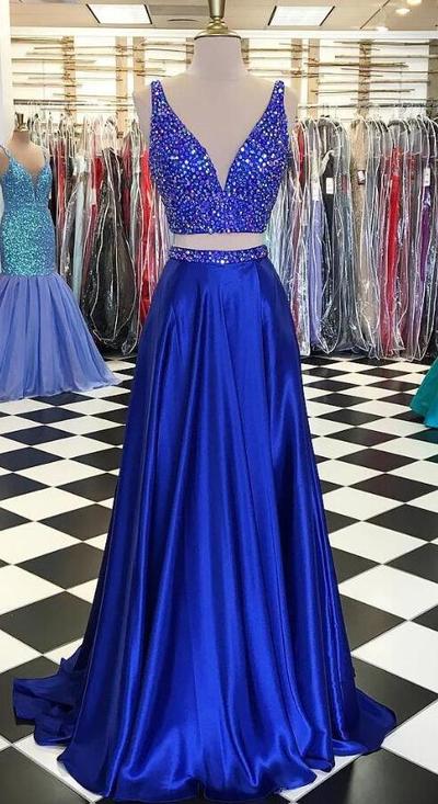 Crystal V Neck Beading Stain Prom Dresses,Long Evening Dresses,Slit Prom Dresses