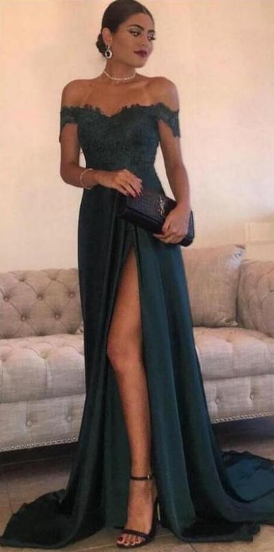 Off-the-Shoulder High Side Split A Line Dark Green Prom Dresses,Sexy Prom Dresses Formal Dress