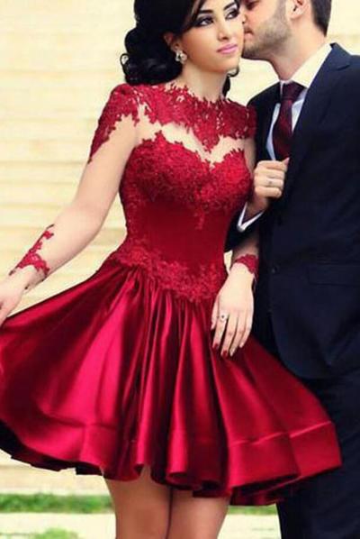 Elegant Dark Red Long Sleeves Lace Short Prom Homecoming Dress