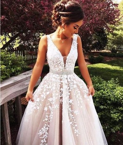 Champagne v neck tulle lace long prom dress, lace evening dress