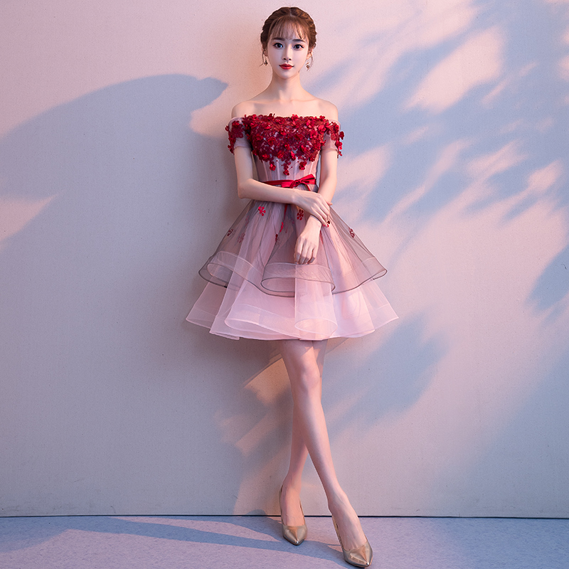 Cute pink tulle lace short prom dress, homecoming dress