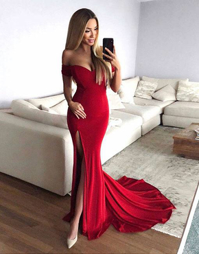 Simple red long prom dress, red evening dress