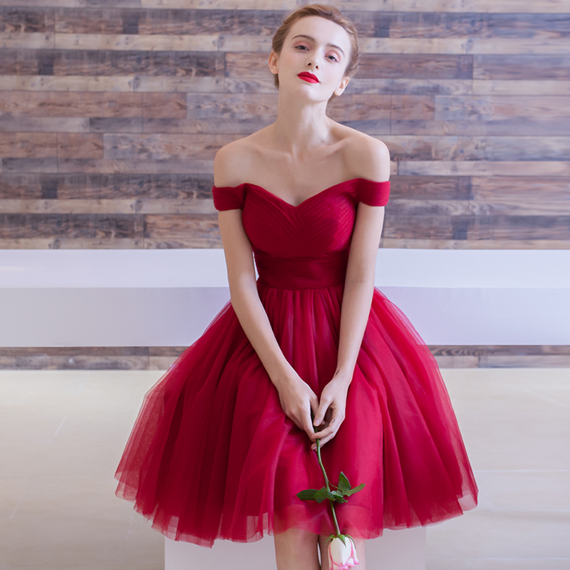 Burgundy v neck tulle short prom dress, homecoming dress