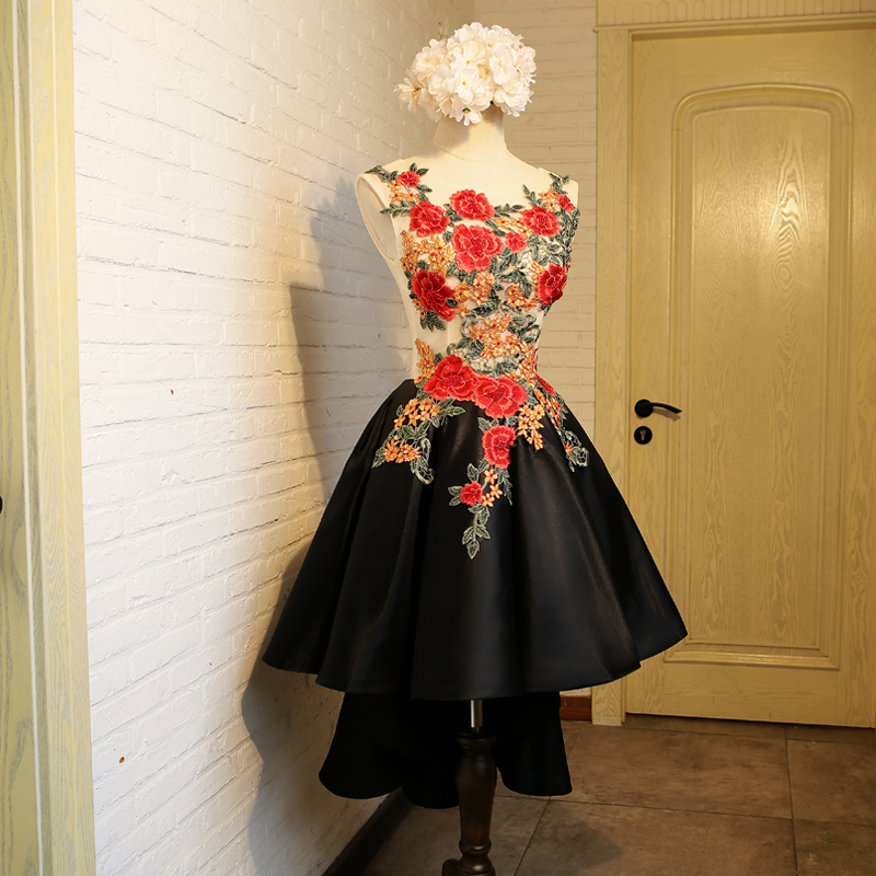 Black lace applique short prom dress, homecoming dress