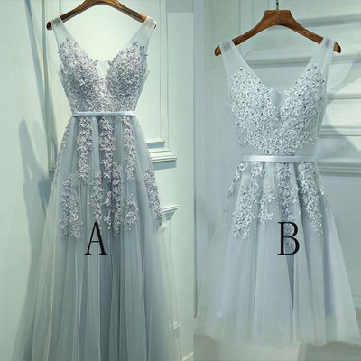 Baby Bule V Neck Prom Dress with Appliques