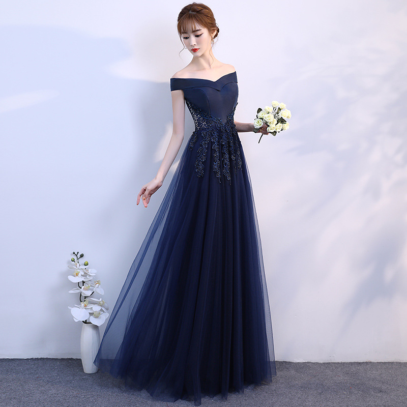 Dark blue tulle lace off shoulder long prom dress, evening dress
