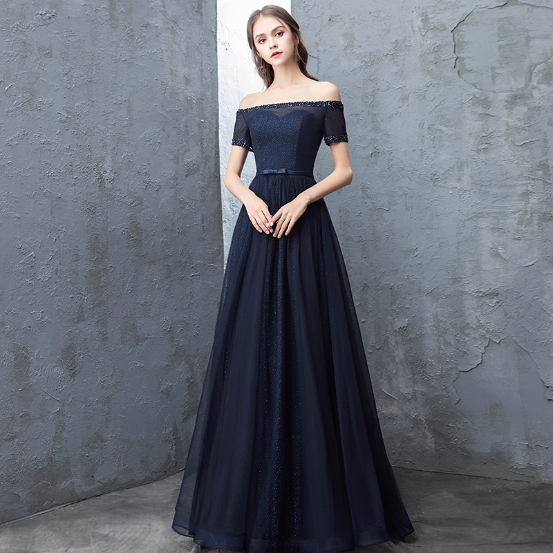 Dark blue tulle long prom dress, blue evening dress