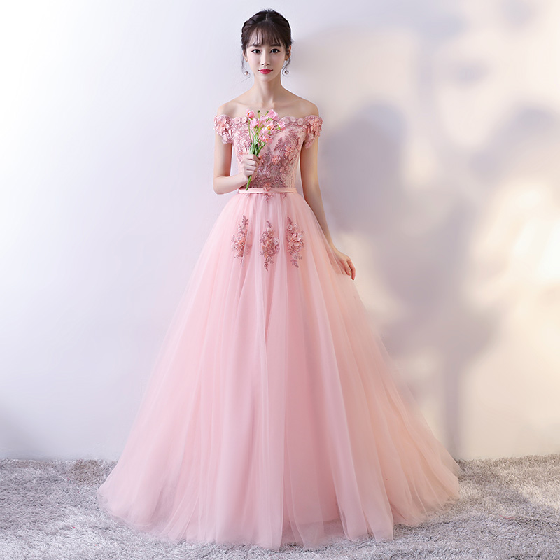 Pink lace tulle long prom dress, pink evening dress