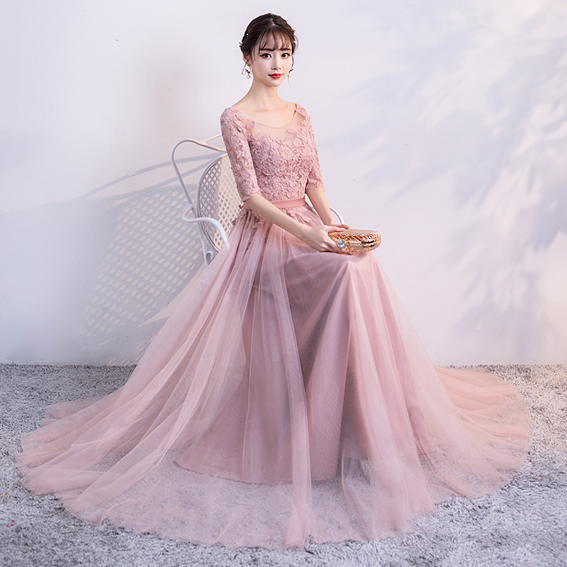 Dusty pink tulle lace long prom dress, evening dress