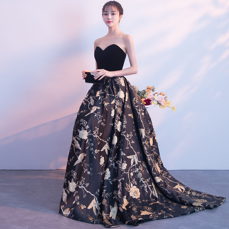 Black sweetheart neck floral pattern long prom dress, black evening dress