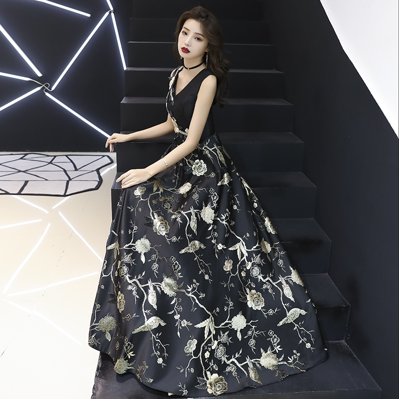 Black v neck floral pattern long prom dress, black evening dress