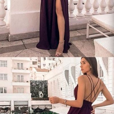Sexy v neck cross back burgundy chiffon long prom dresses with side split,evening party dresses - Thumbnail 5