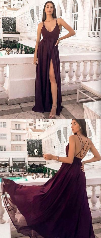 Sexy V Neck Cross Back Burgundy Chiffon Long Prom Dresses with Side Split,Evening party Dresses
