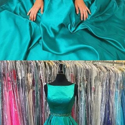 Charming a-line scoop neck cyan satin long prom dresses with beading,formal party dresses - Thumbnail 4