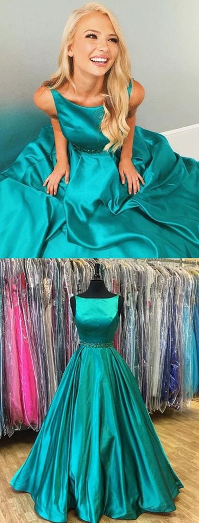 Charming A-Line Scoop Neck Cyan Satin Long Prom Dresses with Beading,Formal Party Dresses