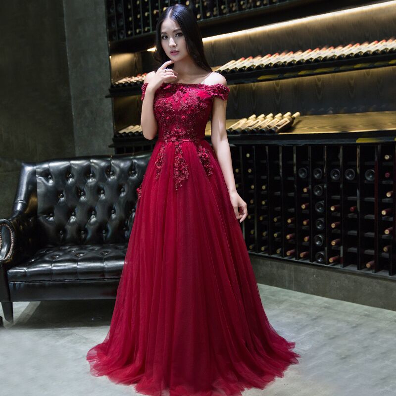 Burgundy lace tulle long prom dress, burgundy evening dress