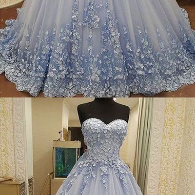 Gorgeous ball gown sweetheart light blue lace long prom dresses with appliques, luxurious quinceanera dresses - Thumbnail 4