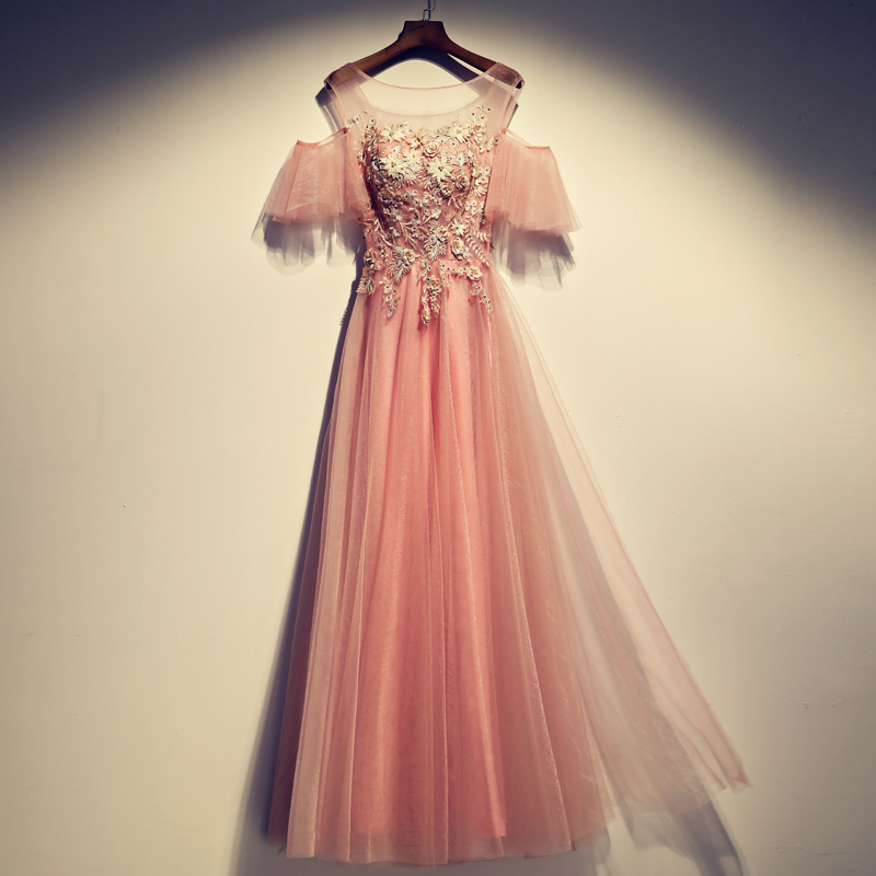 Pink round neck tulle lace long prom dress, pink evening dress