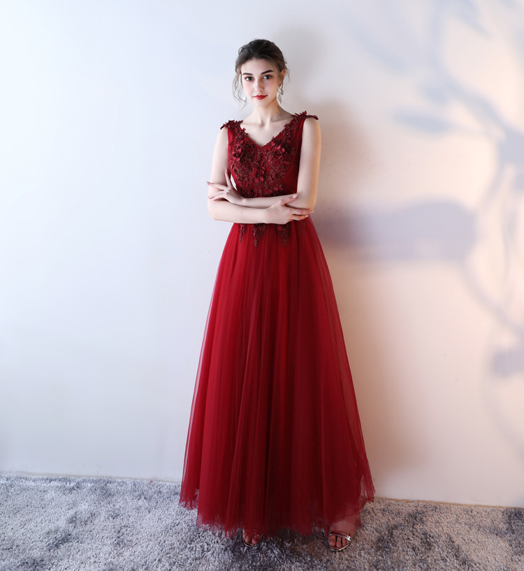 Burgundy v neck lace long prom dress, burgundy evening dress