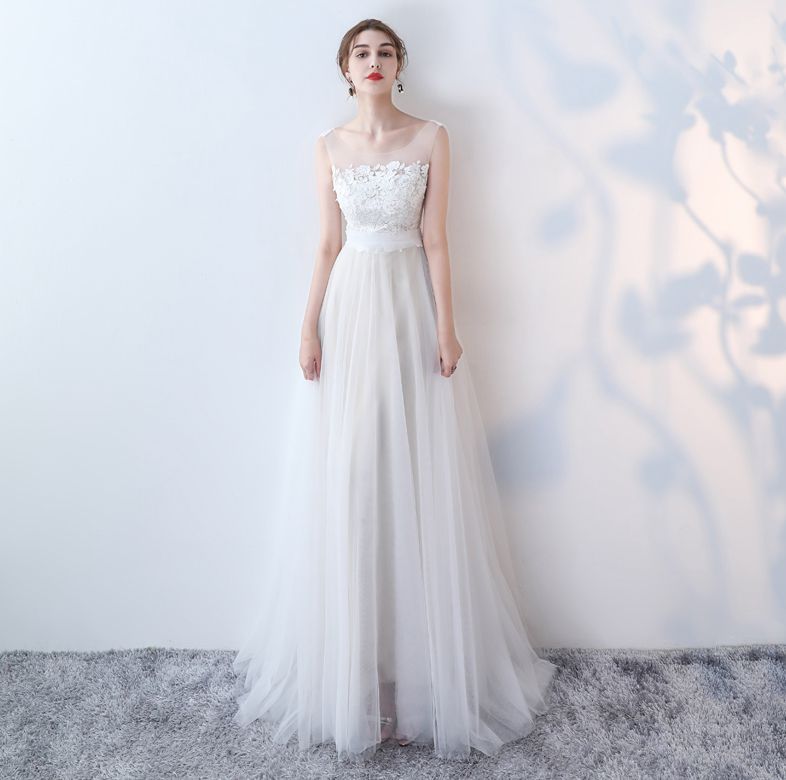 White lace tulle long prom dress, lace evening dress