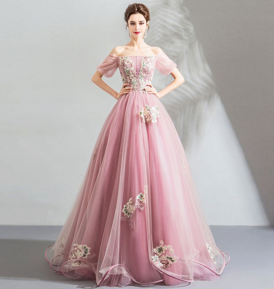 Pink tulle lace long prom dress, sweet 16 dress