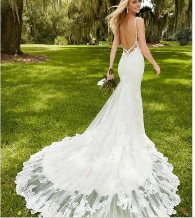 Elegant Tulle Spaghetti Straps Neckline Mermaid Wedding Dresses With Lace Appliques