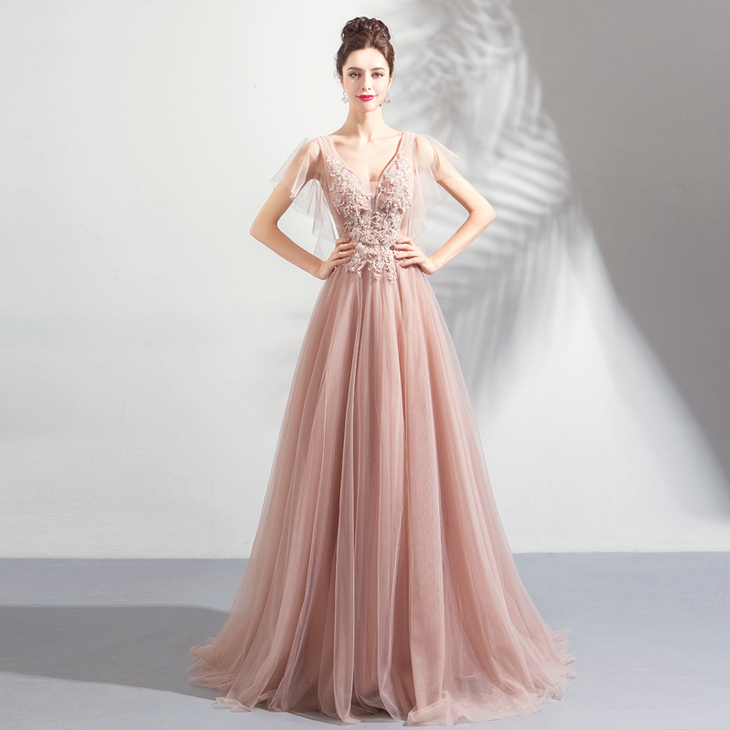 Pink v neck tulle lace long prom dress, evening dress