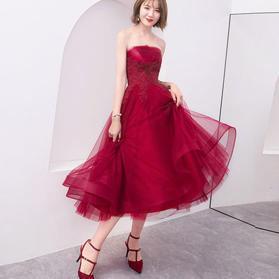 Burgundy strapless tulle lace short prom dress, burgundy evening dress - Thumbnail 4