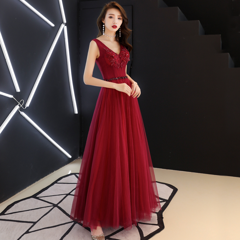 Burgundy v neck lace tulle long prom dress, burgundy evening dress