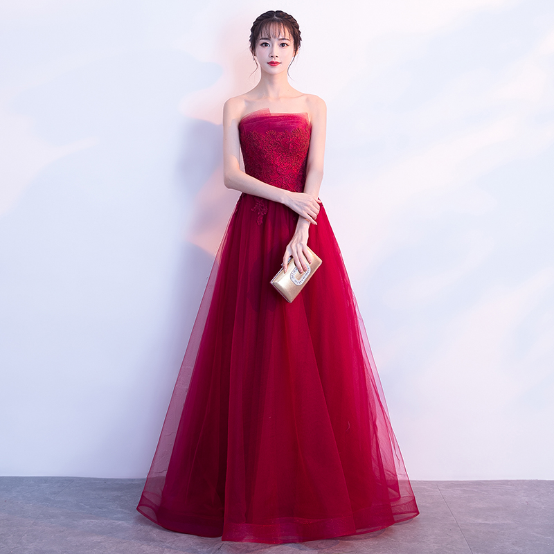Burgundy lace tulle long prom dress, lace evening dress