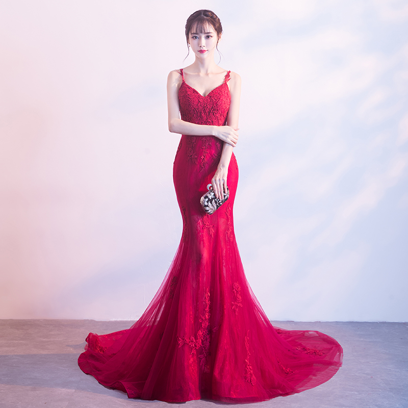 Red mermaid lace long prom dress, mermaid evening dress