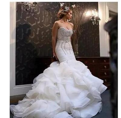 Mermaid Wedding Dresses Plus Size Bling Crystal Beaded Court Train Bridal Gowns Organza Ruffles Tiered Skirt Bridal Dress