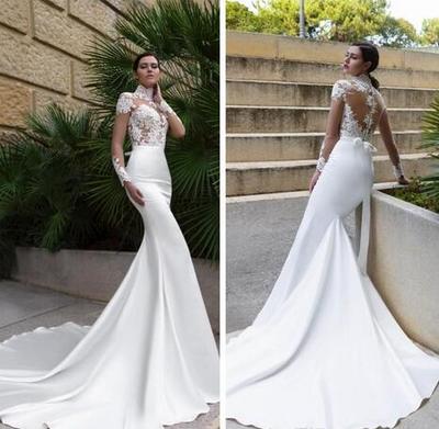 High Neck Slim Long Sleeves Mermaid Wedding Dresses Custom Sheer Formal Bridal Gowns 2019 Cheap Sale Vestidos De Novia Satin Vintage