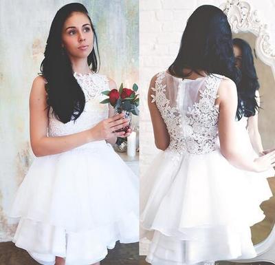 Elegant White Lace Wedding Dresses Jewel Neck Lace Appliques Summer Civil Hippie Bridal Dresses Knee Length Organza Ruffles Wedding Gowns