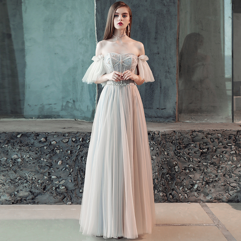 Stylish tulle off shoulder long prom dress, evening dress