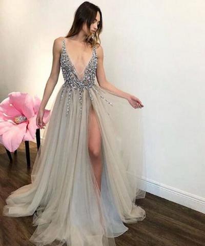 Sexy Gray Beading Prom Dress ,Tulle V Neck long prom dress, cheap evening dress