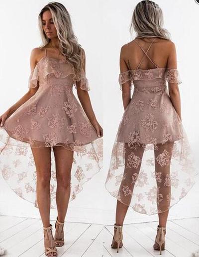 Hot Off-Shoulder Lace High Low Short Homecoming Dress,fashion dress