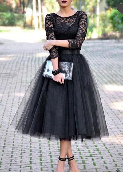 Tea-Length A Line 3/4 Length Sleeves Cheap Prom Dress,Short Lace Evening Dress