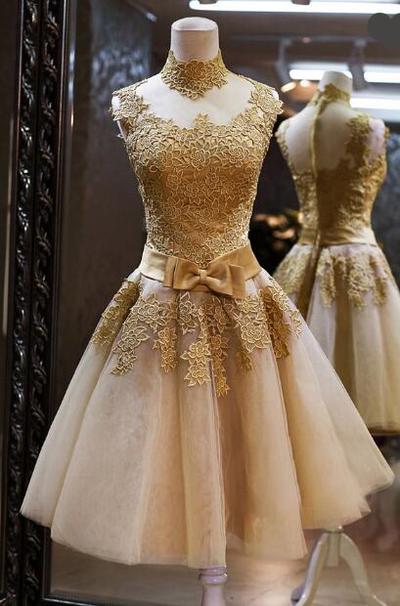 Champagne Lace Ribbon Short-length short prom dress ,homecoming dresses,sweet 16 dress