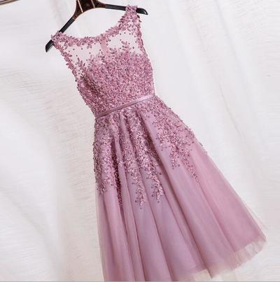 Round Neck Lace Beading Prom Dress,Short Homecoming Dress