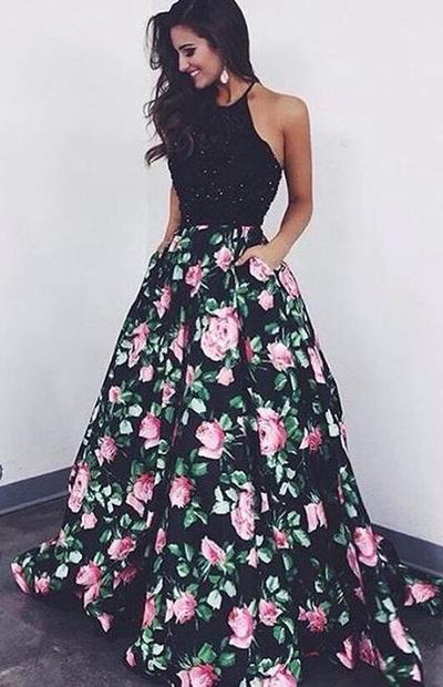 Fashion Halter Printed Prom Dress,Mermaid Prom Dress,Long Evening Dress