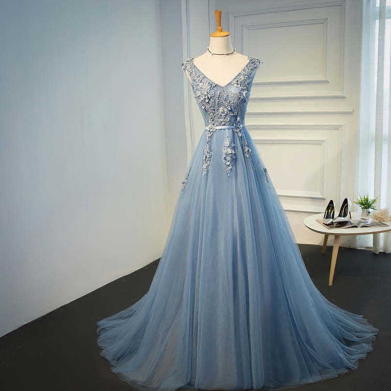 Blue v neck tulle lace long prom dress, blue evening dress