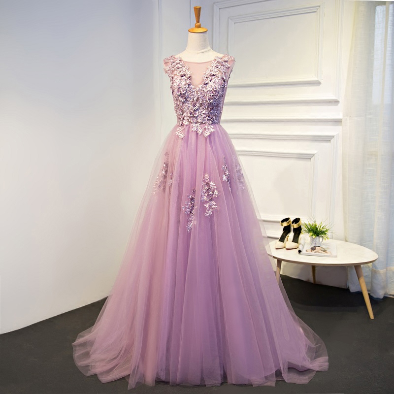 Light purple tulle lace long prom dress, evening dress