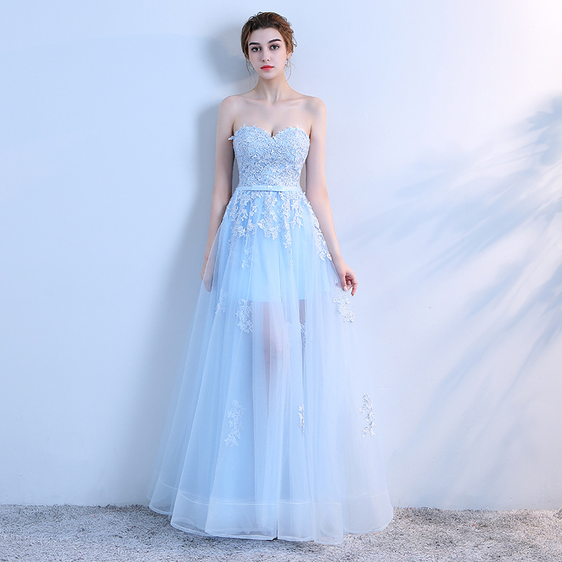 Sky blue sweetheart neck tulle lace long prom dress, formal dress