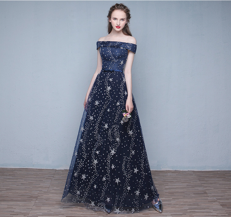 Dark blue sequins off shoulder long prom dress, evening dress