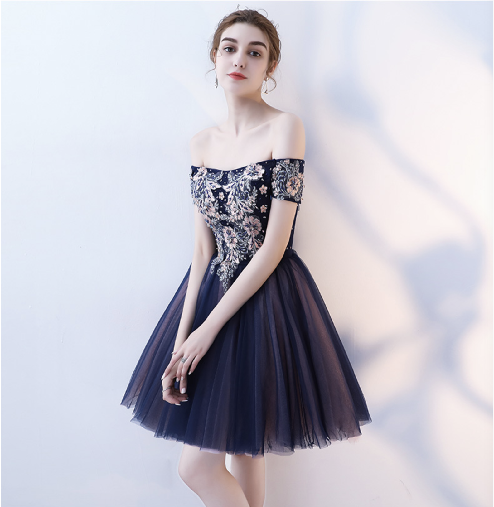 Cute tulle lace off shoulder short prom dress, homecoming dress