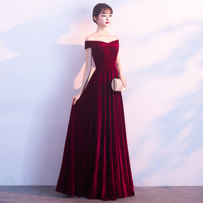 Burgundy v neck velvet long prom dress, evening dress