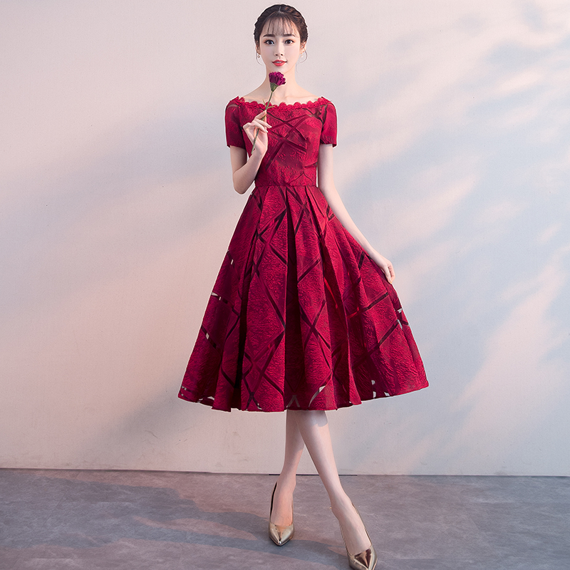 Cute burgundy round neck short prom dress, homecoming dress