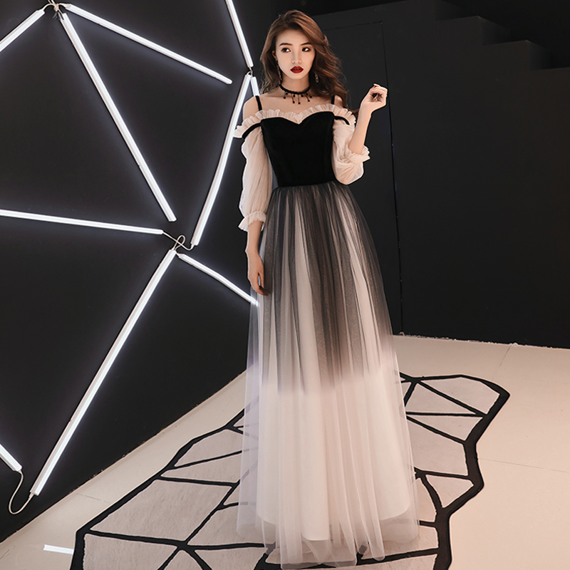 Stylish velvet tulle long prom dress, long sleeve evening dress