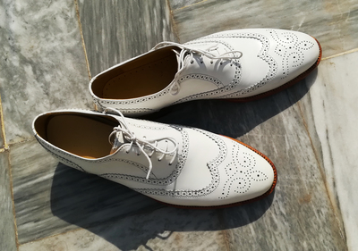 Handmade Wingtip Shoes, Men's Lace Up White Color Shoes